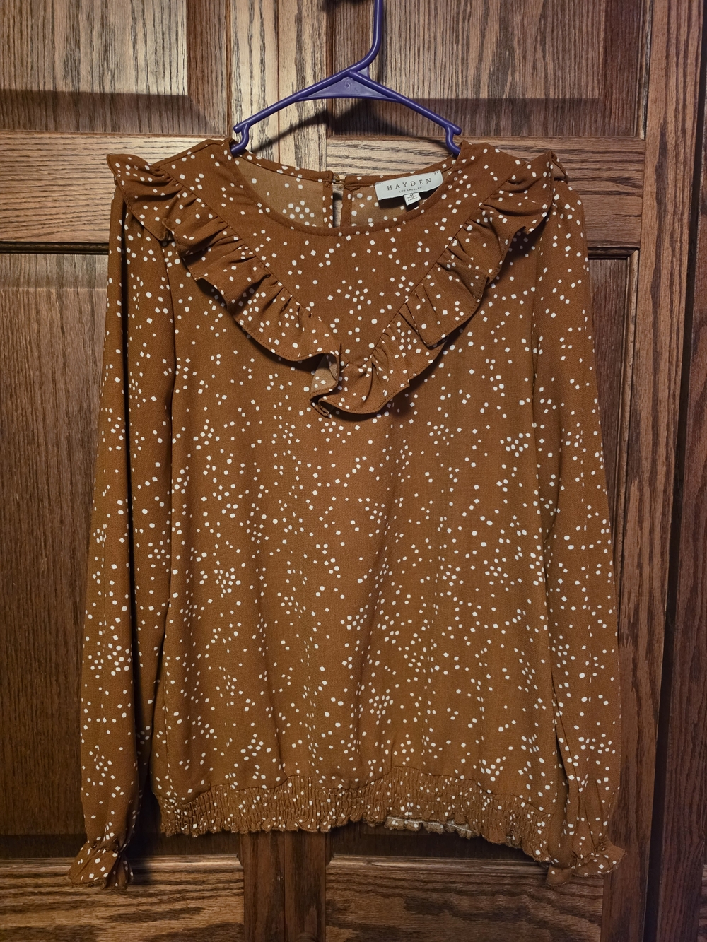 Hayden Rust Brown Ruffle-Neck Long Sleeve Top with White Speckle